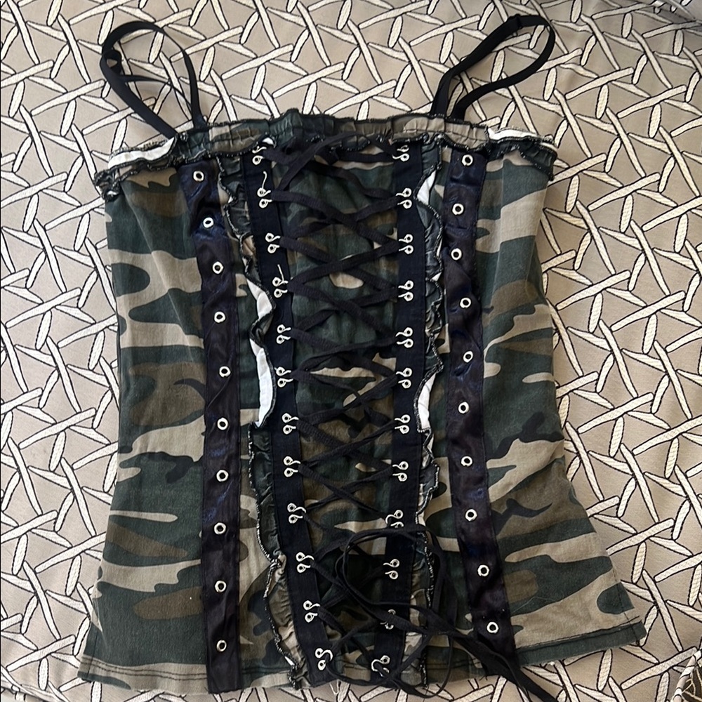 Morbid Threads Hot Topic Vintage 00s Camouflage Lace-Up Corset Top